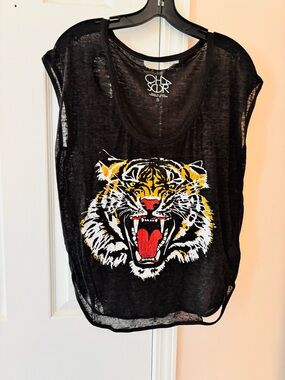 Chaser Black Sheer Tiger Graphic Muscle Tank with Red Accent